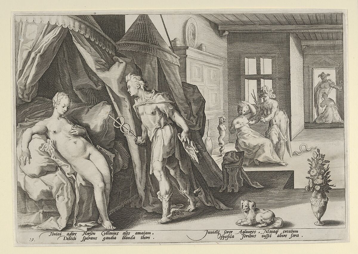 Mercury Entering Herse's Room After Changing Agraulos to Stone, from Ovid's "Metamorphoses", Book II, Anonymous, Dutch, 17th century, Engraving 