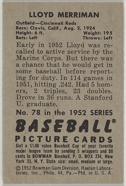 Lloyd Merriman, Outfield, Cincinnati Reds, from Picture Cards, series 6 (R406-6) issued by Bowman Gum, Issued by Bowman Gum Company, Commercial color lithograph