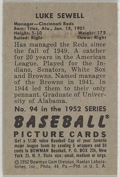 Luke Sewell, Manager, Cincinnati Reds, from Picture Cards, series 6 (R406-6) issued by Bowman Gum, Issued by Bowman Gum Company, Commercial color lithograph