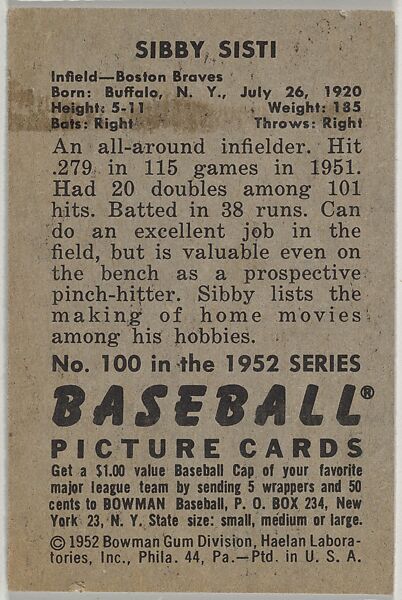 Sibby Sisti, Infield, Boston Braves, from Picture Cards, series 6 (R406-6) issued by Bowman Gum, Issued by Bowman Gum Company, Commercial color lithograph
