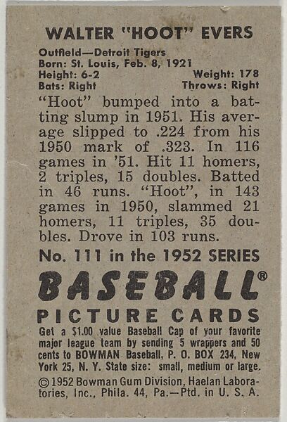 Walter "Hoot" Evers, Outfield, Detroit Tigers, from Picture Cards, series 6 (R406-6) issued by Bowman Gum, Issued by Bowman Gum Company, Commercial color lithograph