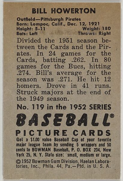 Bill Howerton, Outfield, Pittsburgh Pirates, from Picture Cards, series 6 (R406-6) issued by Bowman Gum, Issued by Bowman Gum Company, Commercial color lithograph