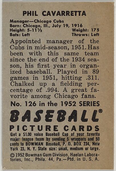 Phil Cavarretta, Manager, Chicago Cubs, from Picture Cards, series 6 (R406-6) issued by Bowman Gum, Issued by Bowman Gum Company, Commercial color lithograph