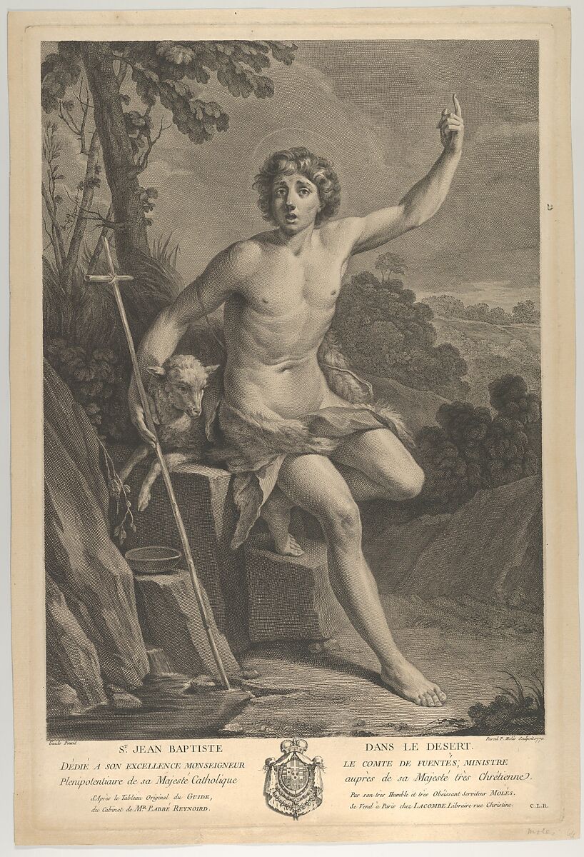 Saint John the Baptist in the desert, seated on a rock and pointing upward with his left hand, a lamb at his right, after Reni, Pedro Pascual Moles (Spanish, Valencia 1741–1797 Barcelona), Engraving 