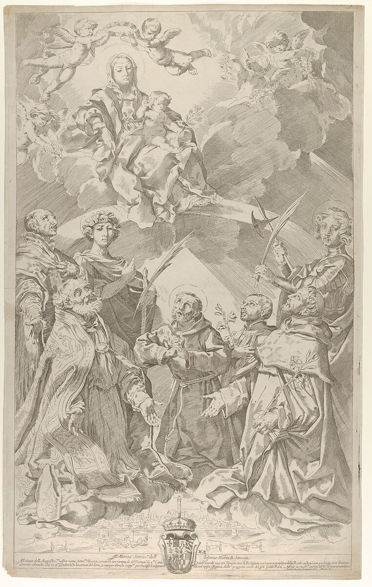 Patron saints of Bologna looking upwards at the Virgin who is seated in the clouds with the infant Christ on her lap, Flaminio Torre (Torri) (Italian, Bologna 1620–1661 Modena), Etching 