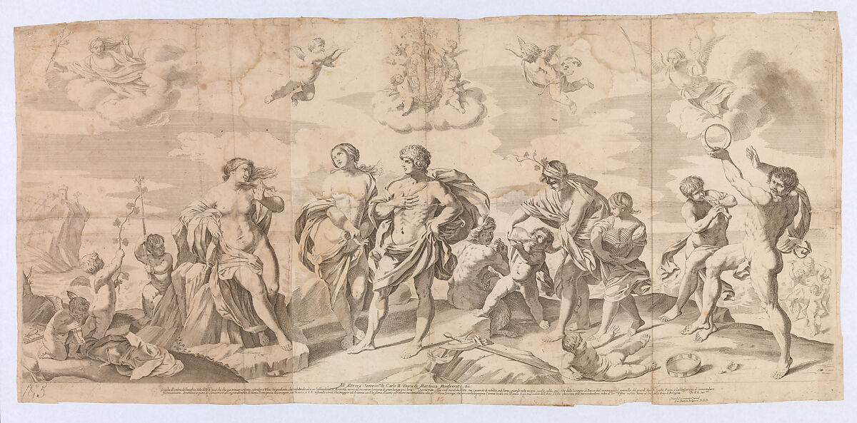 Bacchus with his companions discovering Ariadne on the island of Naxos, after Reni, Gian Battista Bolognini (Italian, Bologna 1611–1688 Bologna), Etching 