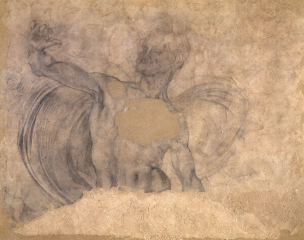 Mural Fragment with Triton or Satyr, Michelangelo Buonarroti (Italian, Caprese 1475–1564 Rome), Black chalk (or charcoal) on plaster 