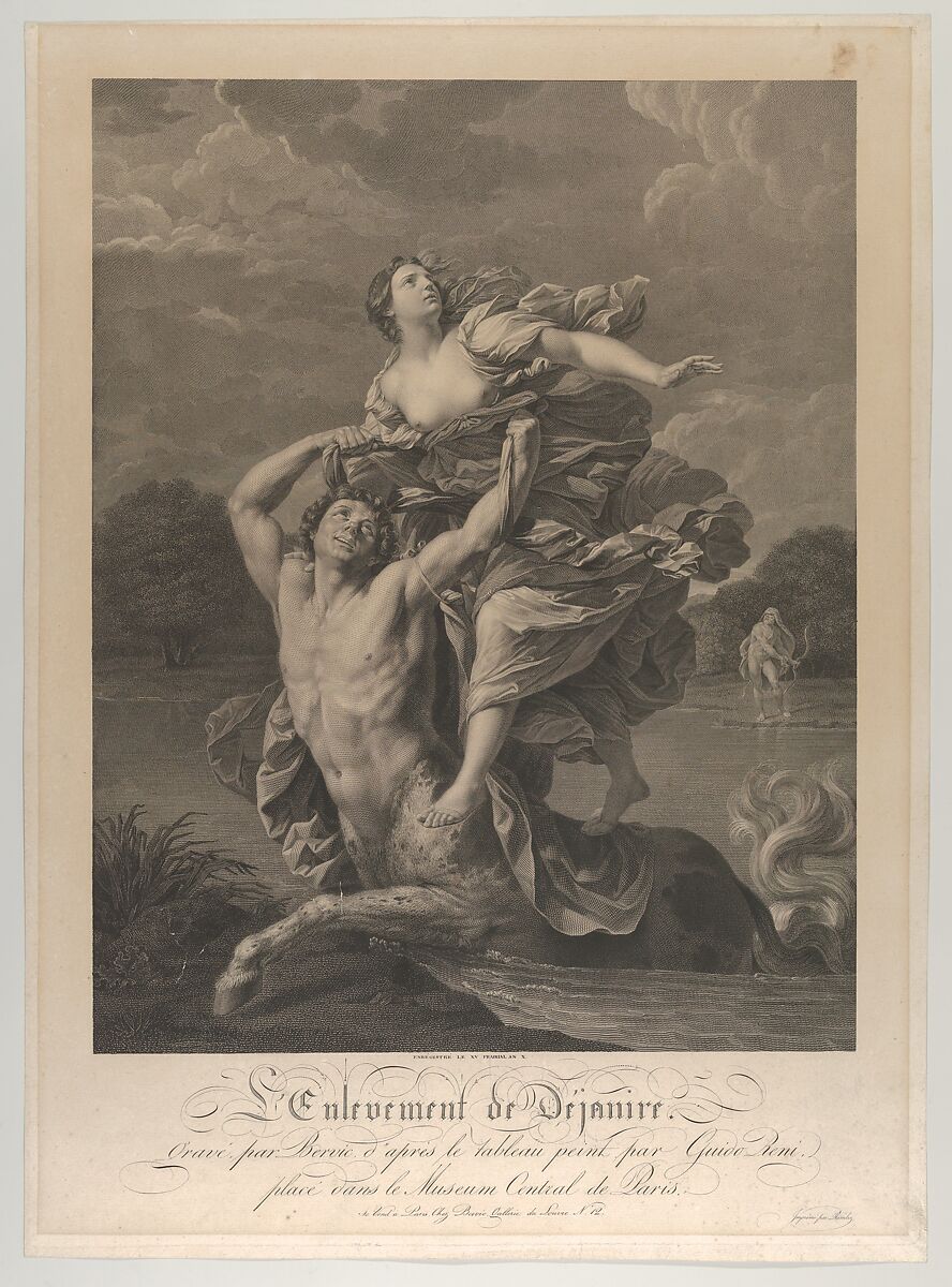 Dejanira being abducted by the centaur Nessos, a man with bow and arrow at right, after Reni, Engraved by Charles Clément Bervic (French, Paris 1756–1822 Paris), Engraving 