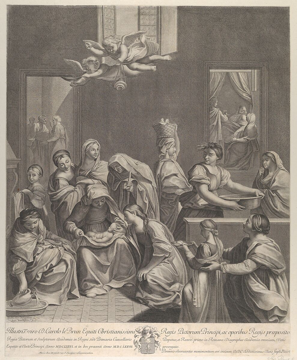 The birth of the Virgin; woman seated with an infant in her lap, numerous women surrounding her, angels above, after Reni, Etienne Picart (French, Paris 1632–1721 Amsterdam), Engraving 