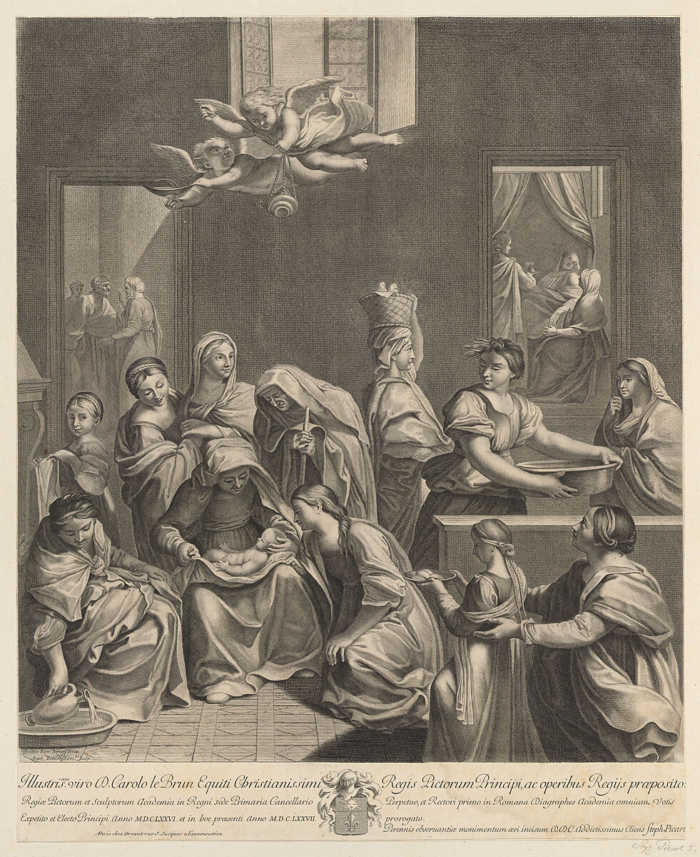 The birth of the Virgin; woman seated with an infant in her lap, numerous women surrounding her, angels above, after Reni, Etienne Picart (French, Paris 1632–1721 Amsterdam), Engraving