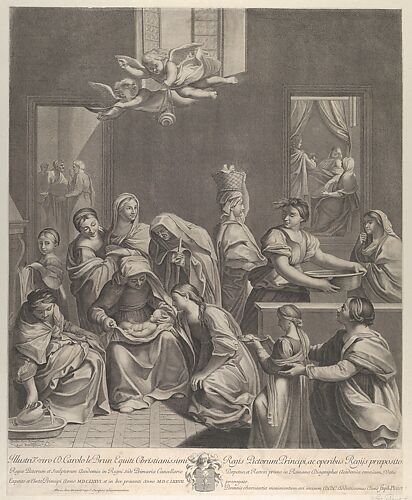The birth of the Virgin; woman seated with an infant in her lap, numerous women surrounding her, angels above, after Reni