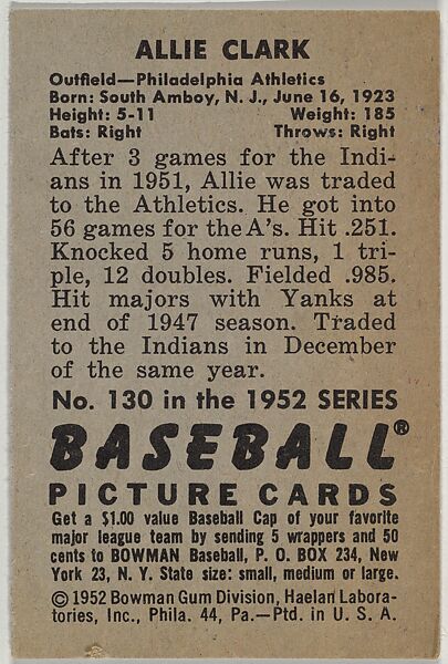 Allie Clark, Outfield, Philadelphia Athletics, from Picture Cards, series 6 (R406-6) issued by Bowman Gum, Issued by Bowman Gum Company, Commercial color lithograph