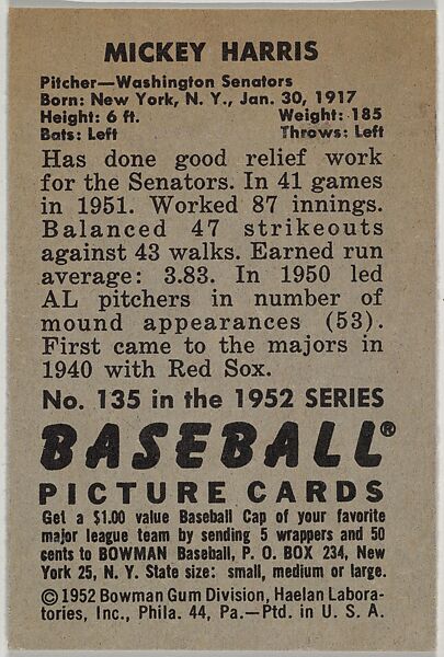 Mickey Harris, Pitcher, Washington Senators, from Picture Cards, series 6 (R406-6) issued by Bowman Gum, Issued by Bowman Gum Company, Commercial color lithograph