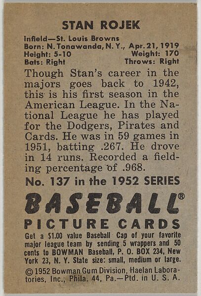 Stan Rojek, Infield, St. Louis Browns, from Picture Cards, series 6 (R406-6) issued by Bowman Gum, Issued by Bowman Gum Company, Commercial color lithograph