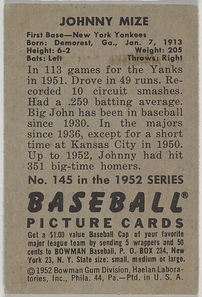 Johnny Mize, 1st Base, New York Yankees, from Picture Cards, series 6 (R406-6) issued by Bowman Gum, Issued by Bowman Gum Company, Commercial color lithograph