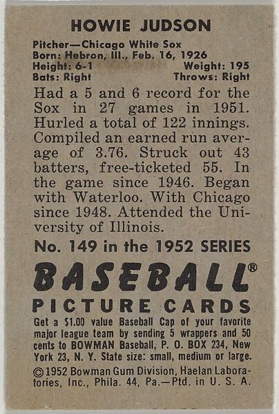 Howie Judson, Pitcher, Chicago White Sox, from Picture Cards, series 6 (R406-6) issued by Bowman Gum, Issued by Bowman Gum Company, Commercial color lithograph