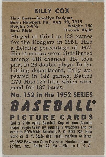 Billy Cox, 3rd Base, Brooklyn Dodgers, from Picture Cards, series 6 (R406-6) issued by Bowman Gum, Issued by Bowman Gum Company, Commercial color lithograph