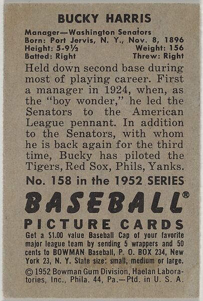 Stanley "Bucky" Harris, Manager, Washington Senators, from Picture Cards, series 6 (R406-6) issued by Bowman Gum, Issued by Bowman Gum Company, Commercial color lithograph