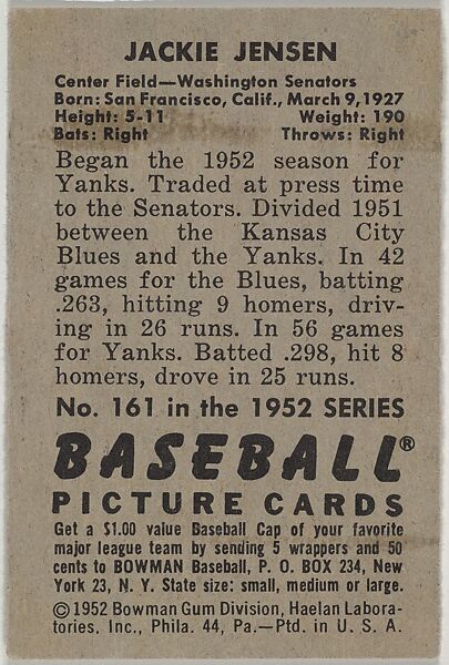 Jackie Jensen, Center Field, Washington Senators, from Picture Cards, series 6 (R406-6) issued by Bowman Gum, Issued by Bowman Gum Company, Commercial color lithograph