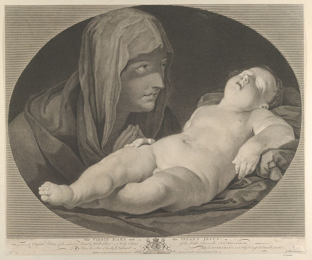 The Virgin in prayer, looking at the sleeping infant Christ, in an oval frame, after Reni, Engraved by Simon Francis Ravenet, the elder (French, Paris 1706–1774 London), Engraving and etching 
