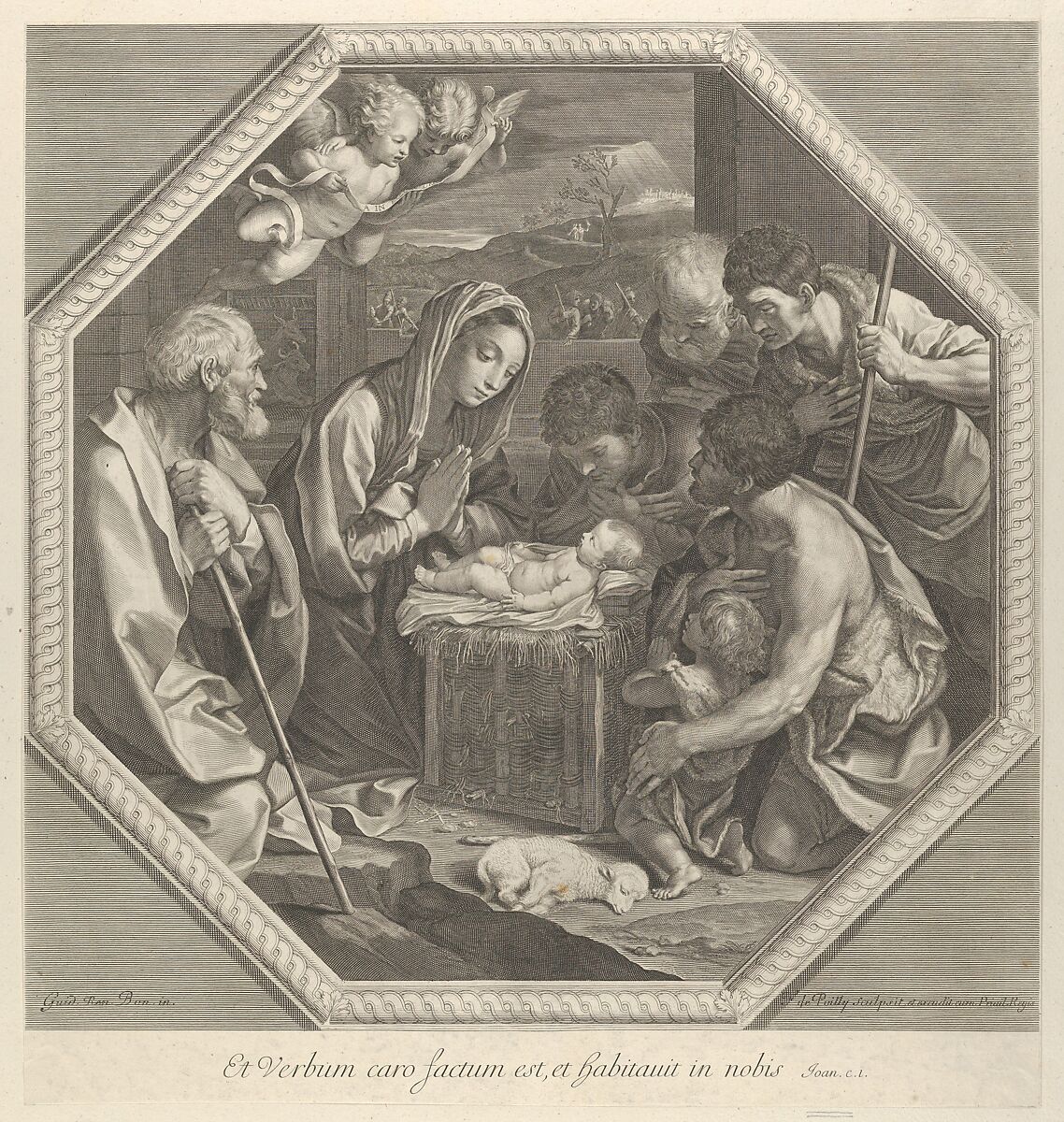The adoration of the shepherds who kneel together at right before the infant Christ, the Virgin and Saint Joseph at left, two angels above, in an octagonal frame, after Reni, Francois de Poilly (French, Abbeville 1623–1693 Paris), Engraving 