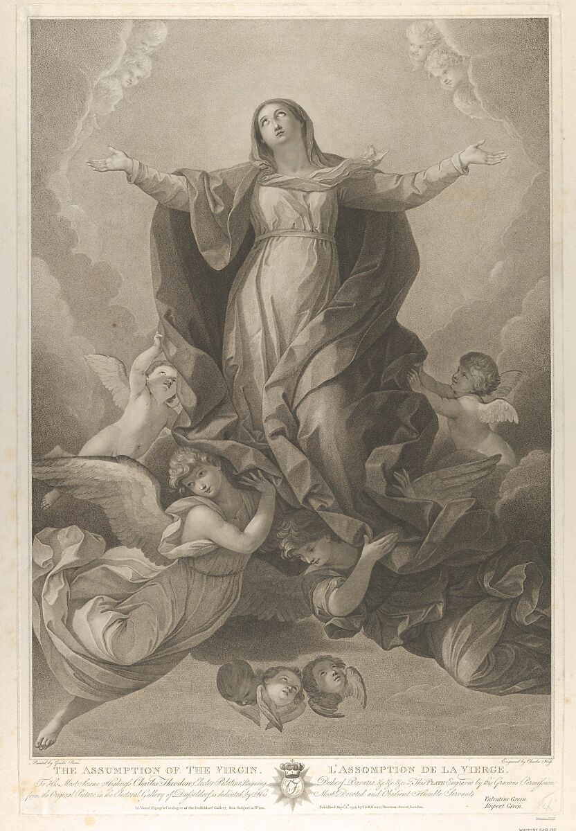 The assumption of the Virgin, who rises with arms outstretched, angels supporting her from below, after Reni, Carl Ernst Christoph Hess (German, Darmstadt 1755–1828 Munich), Engraving 