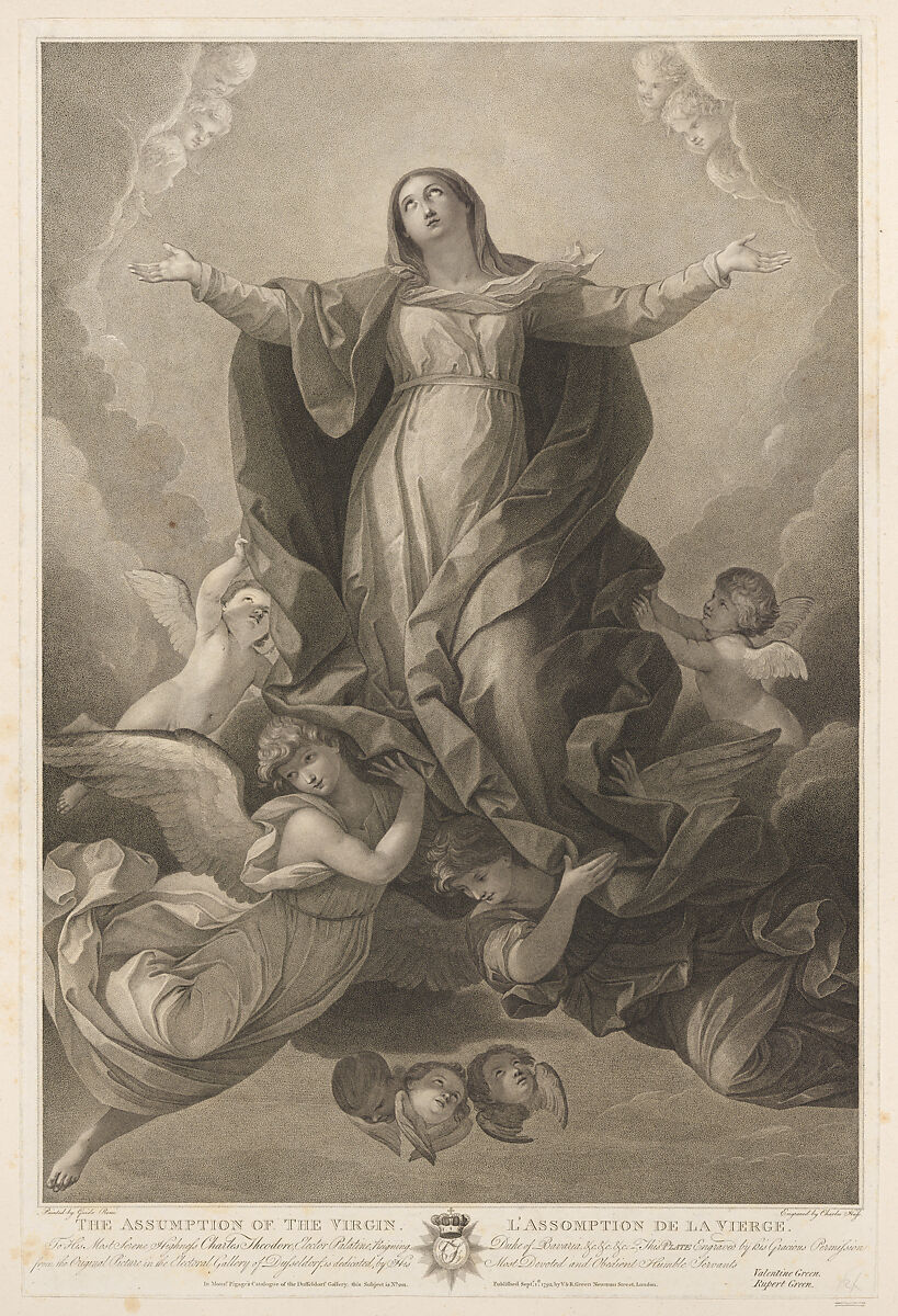 The assumption of the Virgin, who rises with arms outstretched, angels supporting her from below, after Reni, Carl Ernst Christoph Hess (German, Darmstadt 1755–1828 Munich), Engraving