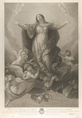 The assumption of the Virgin, who rises with arms outstretched, angels supporting her from below, after Reni