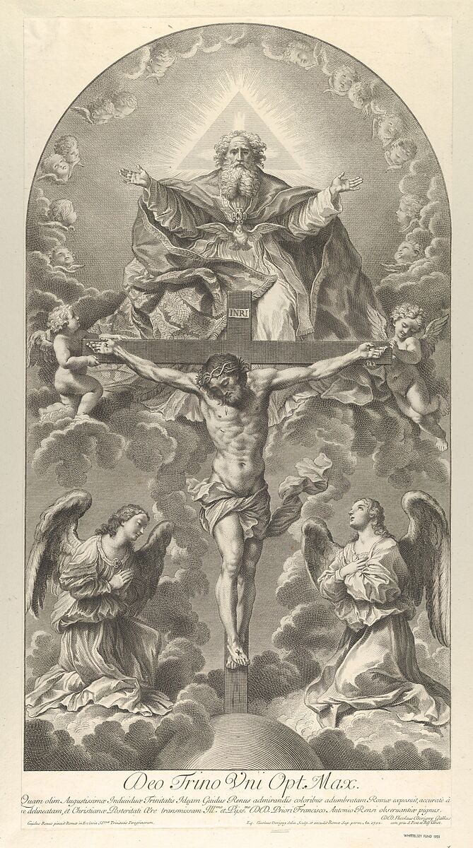The Holy Trinity; Christ on the cross flanked by two angels, the Holy Spirit as a dove and God in heaven above the cross, a rectangular composition with half-circle at the top, after Reni, Sir Nicolas Dorigny (French, baptized Paris, 1658–1746 Paris), Engraving 