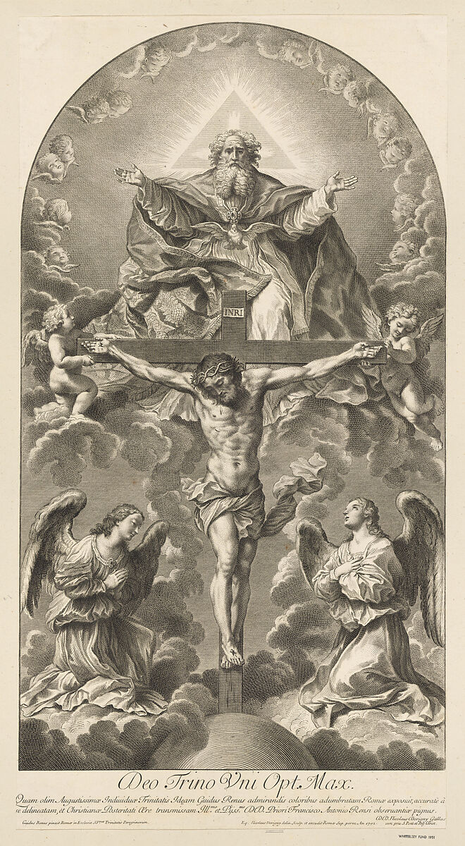 The Holy Trinity; Christ on the cross flanked by two angels, the Holy Spirit as a dove and God in heaven above the cross, a rectangular composition with half-circle at the top, after Reni, Sir Nicolas Dorigny (French, baptized Paris, 1658–1746 Paris), Engraving