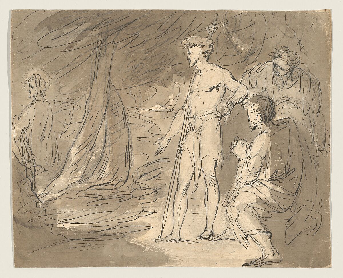 John the Baptist and two men, with Christ, William Hamilton (British, London 1751–1801 London), Pen and black ink, brush and brown wash over graphite 