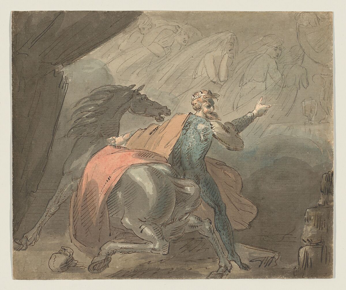 A king with his horse, alarmed by ghostly women, William Hamilton (British, London 1751–1801 London), Pen and brown ink, brush and brown and gray wash and watercolor, over graphite 