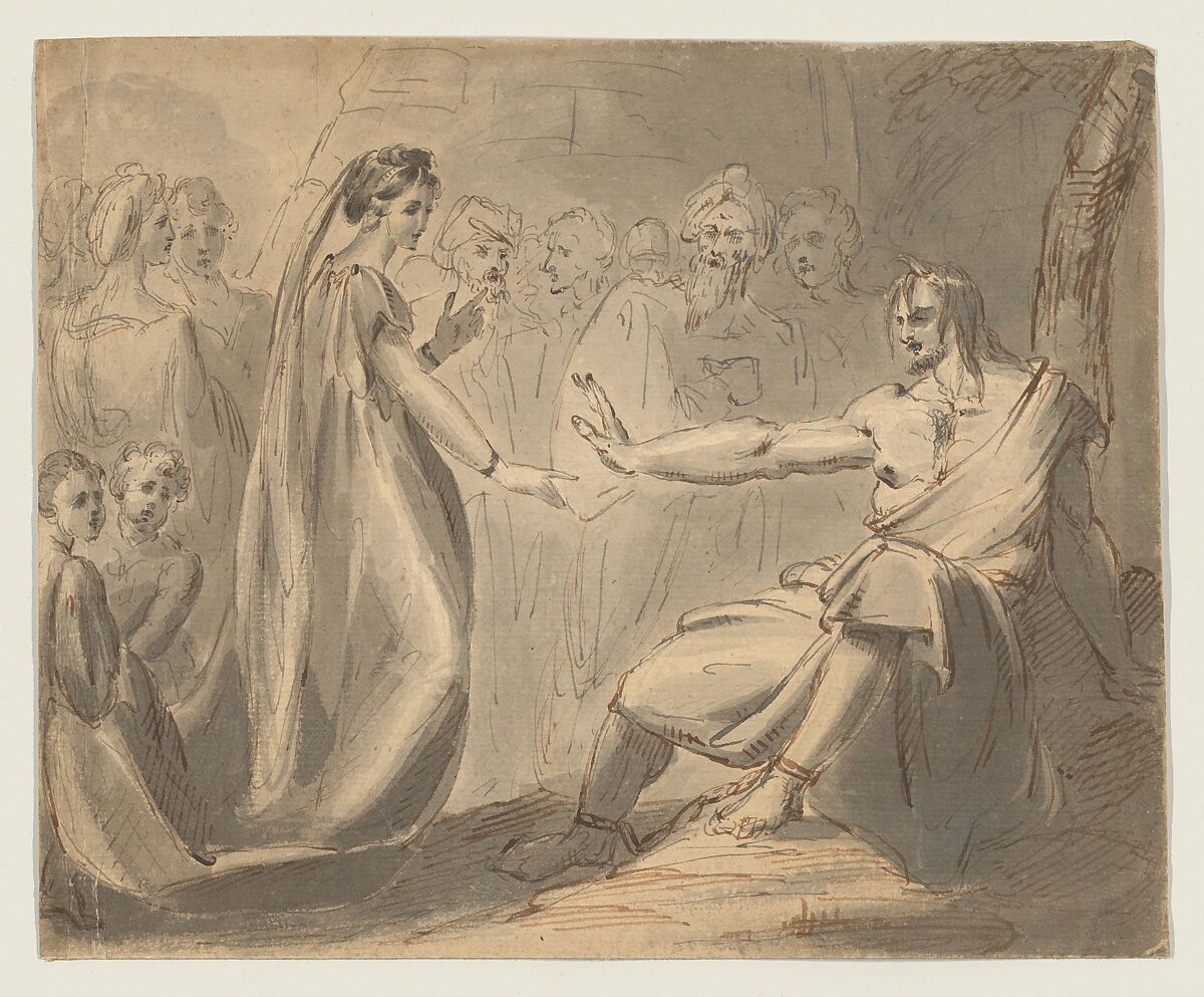 A man in chains converses with a woman, William Hamilton (British, London 1751–1801 London), Pen and brown and gray ink, brush and gray and brown wash, over graphite 