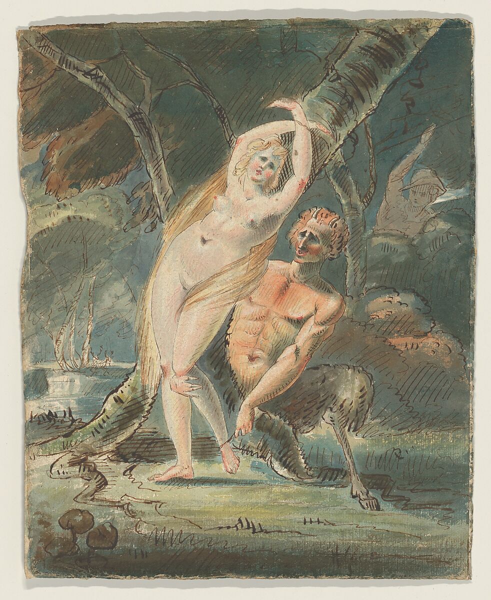 Amymone (?) with a lecherous satyr, William Hamilton (British, London 1751–1801 London), Pen and black ink over graphite, with watercolor 