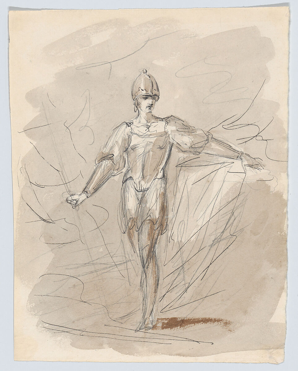 A figure in armor, William Hamilton (British, London 1751–1801 London), Pen and brown ink, brush and brown wash, over graphite 