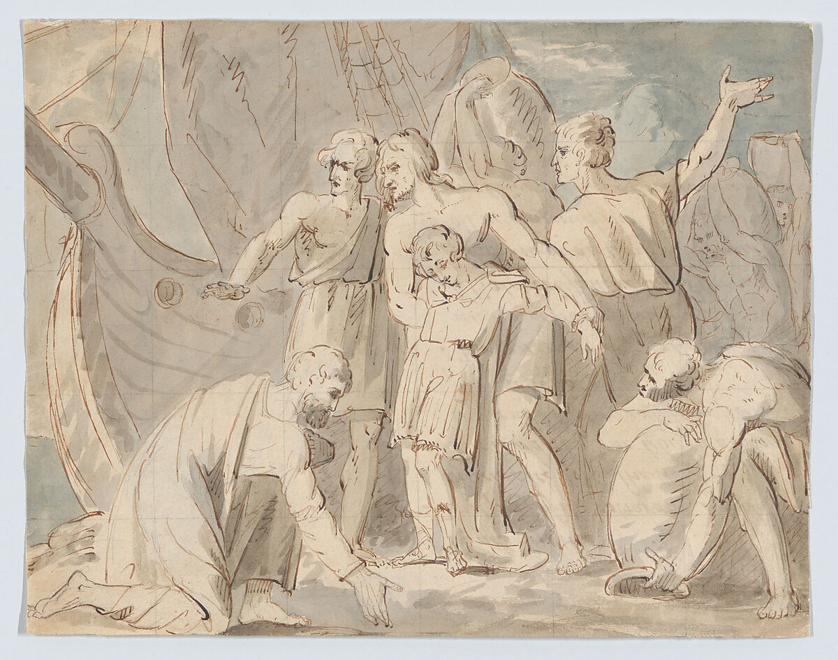 Historical subject with men and a boy near a ship (recto). Anatomical study of a foot (verso), William Hamilton (British, London 1751–1801 London), Recto: pen and black ink, brush and brown wash and watercolor, over graphite
Verso: pen and black ink, brush and wash, over graphite 