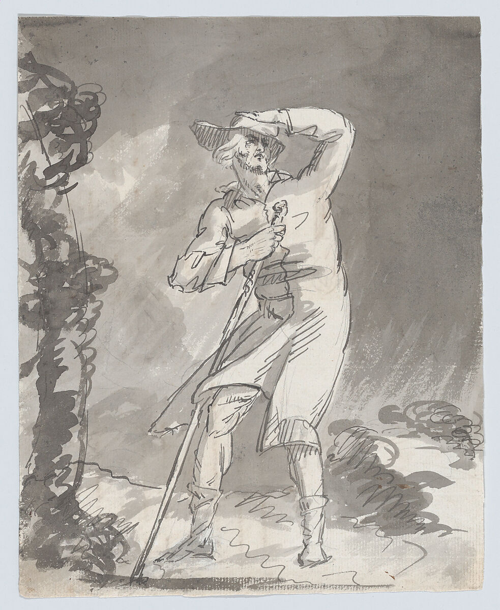 Male with a staff in a storm (recto). Anatomical studies of a foot (verso), William Hamilton (British, London 1751–1801 London), Recto: pen and black ink, brush and gray wash, over graphite
Verso: pen and brown ink 