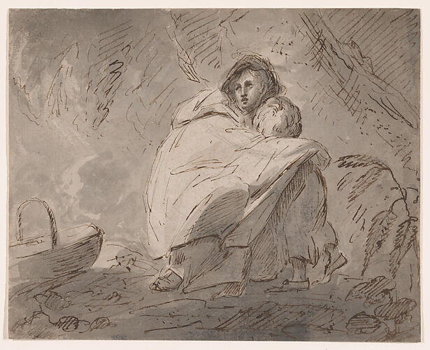Woman sheltering a child in a landscape