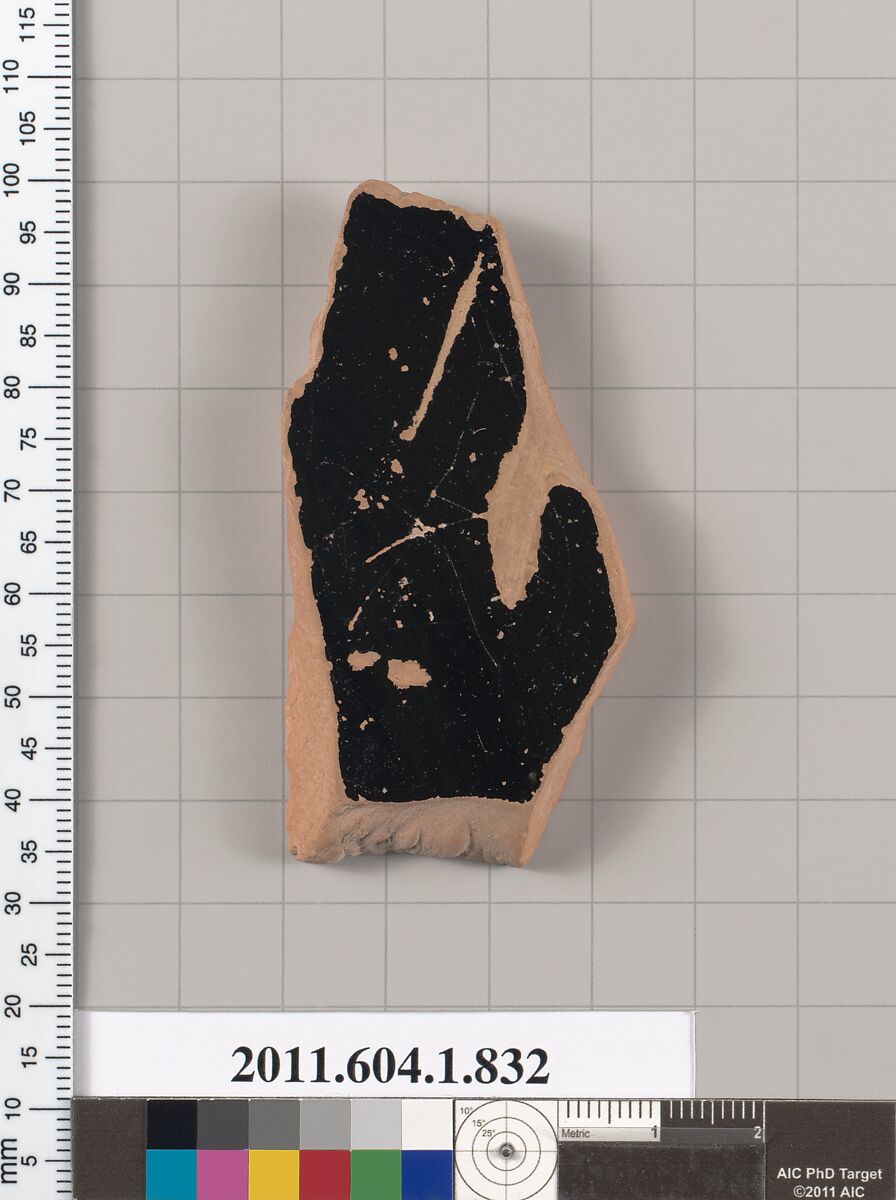 Terracotta fragment of a kylix (drinking cup), Terracotta, Greek, Attic