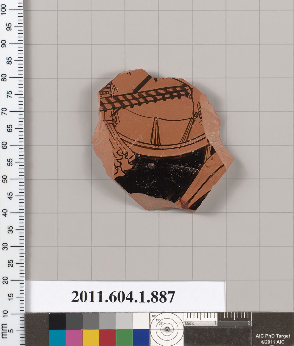 Terracotta fragment of a kylix (drinking cup), Terracotta, Greek, Attic
