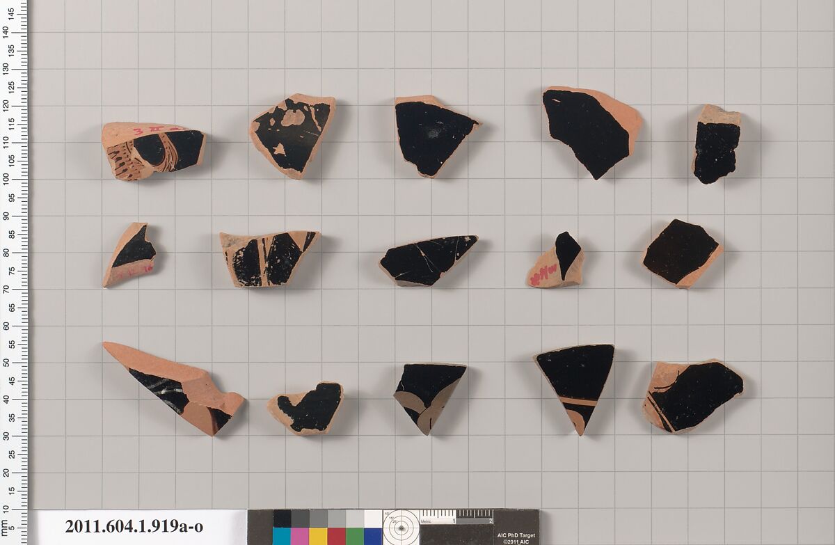 Terracotta fragments of kylikes (drinking cups), Terracotta, Greek, Attic 