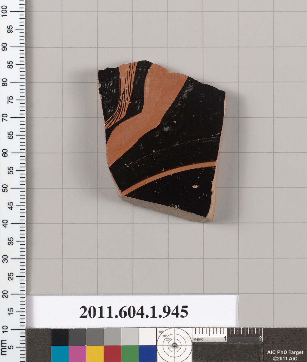 Terracotta fragment of a kylix (drinking cup), Terracotta, Greek, Attic