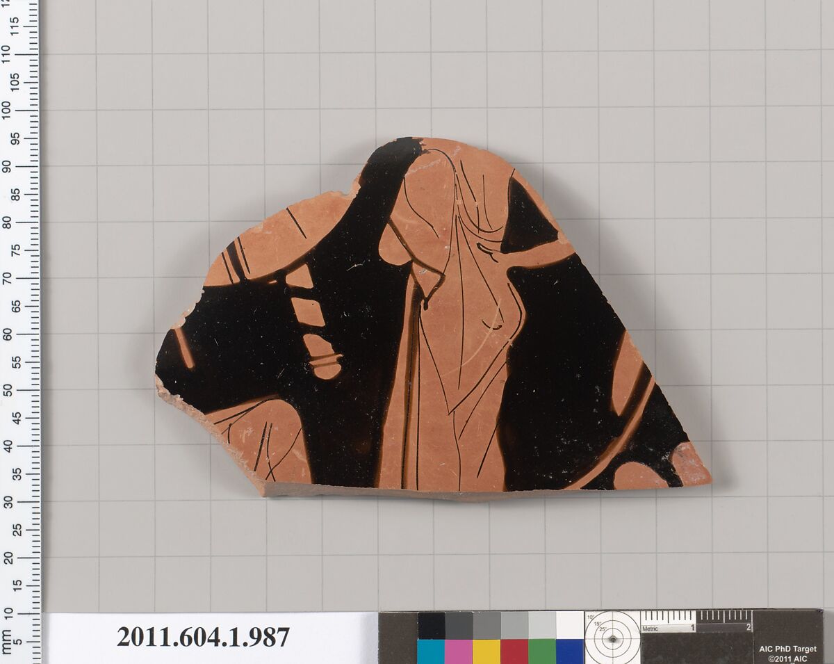 Terracotta fragment of a kylix (drinking cup), Terracotta, Greek, Attic