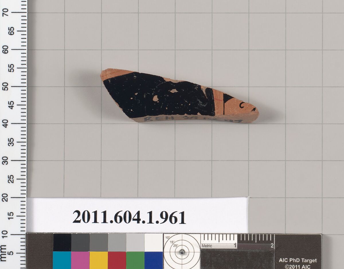 Terracotta fragment of a kylix (drinking cup), Terracotta, Greek, Attic