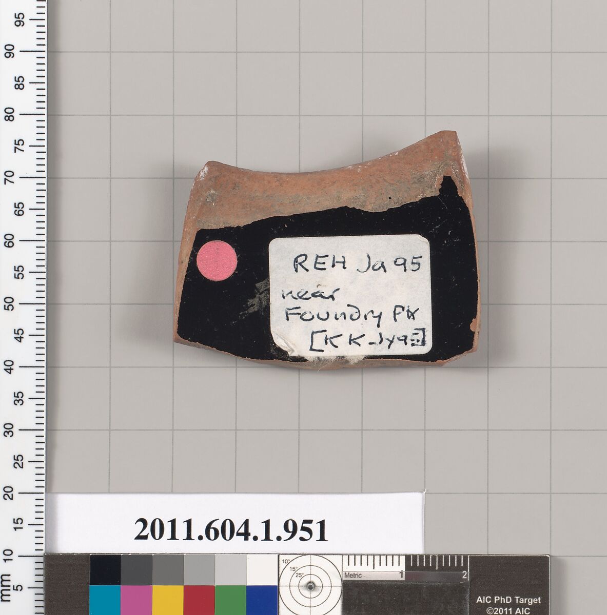 Terracotta fragment of a kylix (drinking cup), Attributed to Near the Foundry Painter [Kezia Knauer and Robert Guy], Terracotta, Greek, Attic