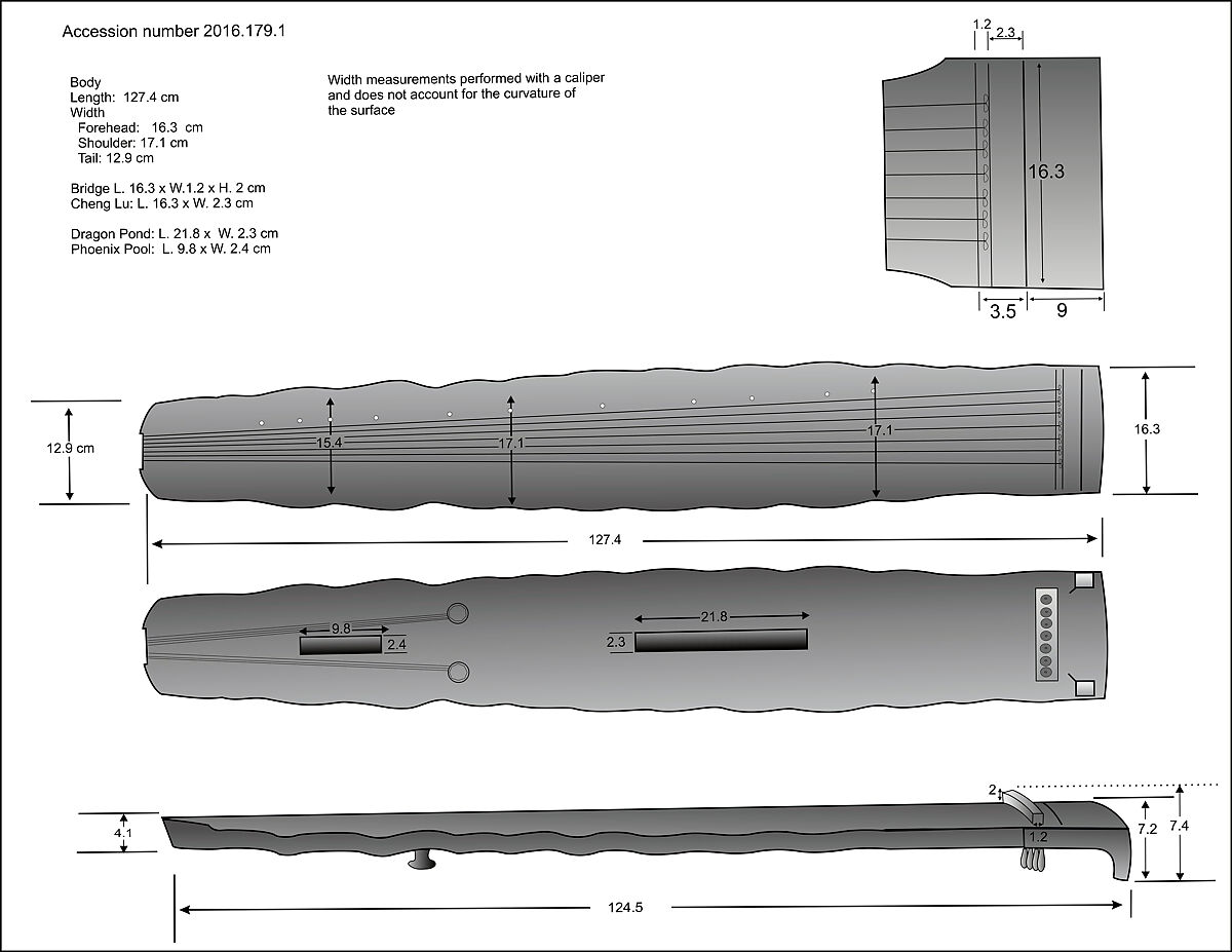 "Xiangpu’s Treasure" Guqin (古琴 ), wutong wood, lacquer, mother-of-pearl, silk, jade, Chinese