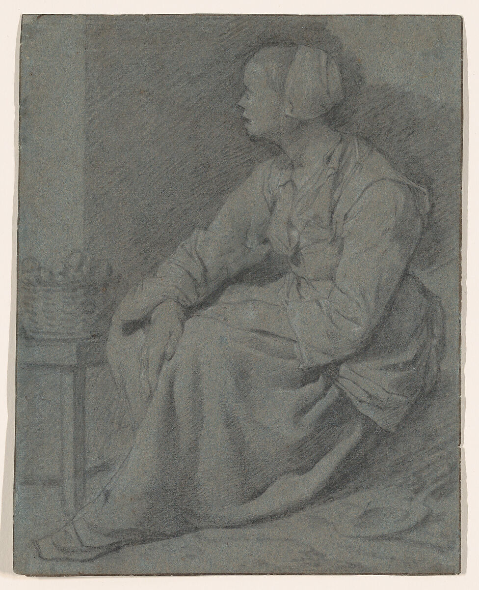 A Woman Seated Near a Basket on a Stool, Cornelis Bega (Dutch, Haarlem 1631 or 1632–1664 Haarlem), Black chalk, heightened with white chalk, on blue paper; framing line in pen and brown ink, probably by a later hand 