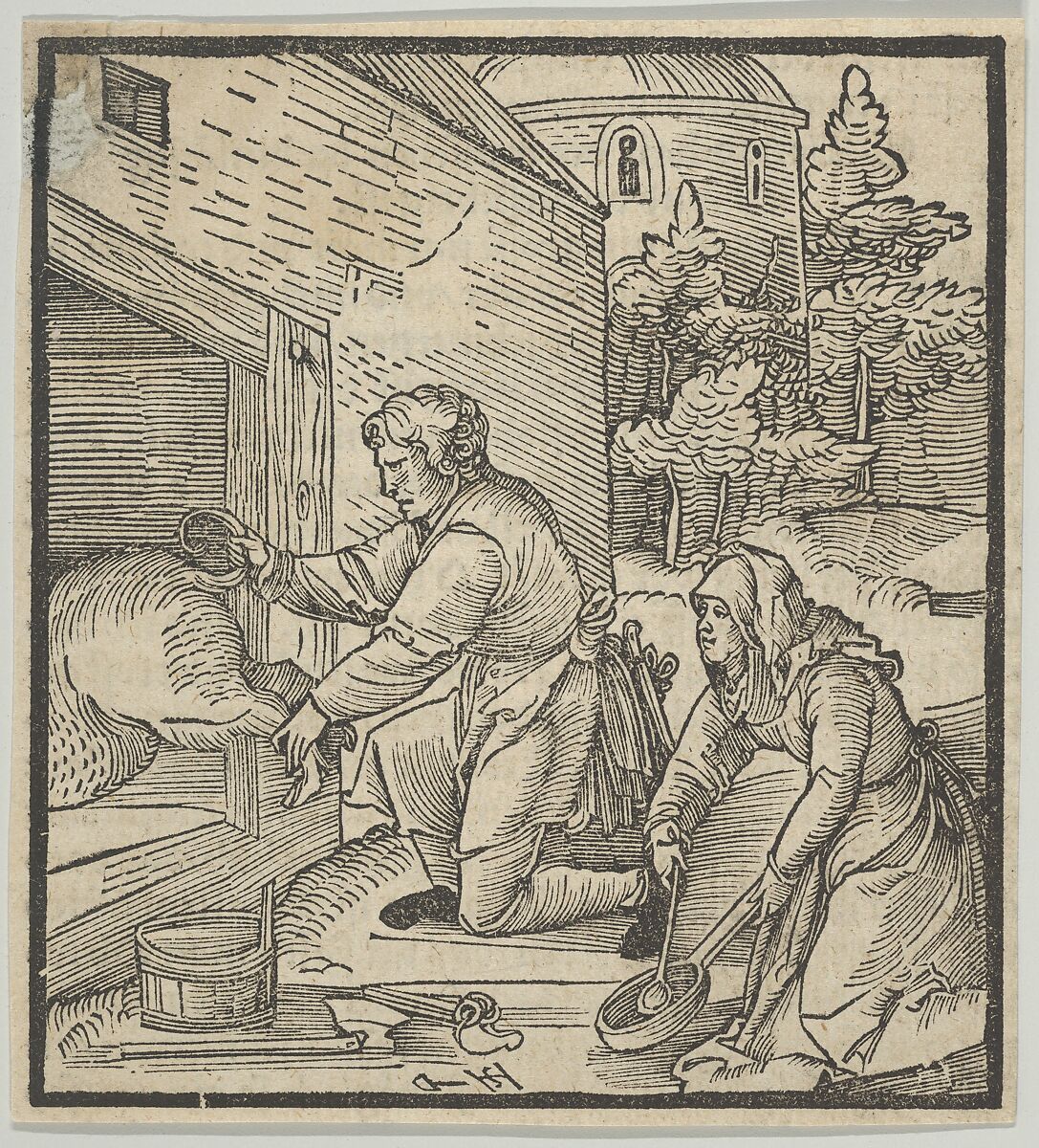 A Farmer Slaughtering a Hog, from Hymmelwagen auff dem, wer wol lebt..., Hans Schäufelein (German, Nuremberg ca. 1480–ca. 1540 Nördlingen), Woodcut 