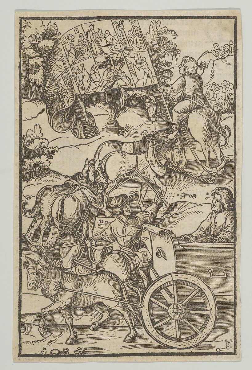 The Virtuous Man on a Chariot on his Way to Heaven, from Hymmelwagen auff dem, wer wol lebt..., Hans Schäufelein (German, Nuremberg ca. 1480–ca. 1540 Nördlingen), Woodcut 