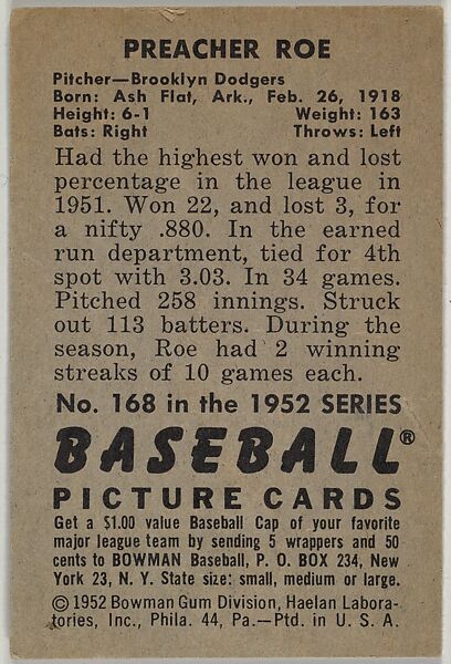 Preacher Roe, Pitcher, Brooklyn Dodgers, from Picture Cards, series 6 (R406-6) issued by Bowman Gum, Issued by Bowman Gum Company, Commercial color lithograph